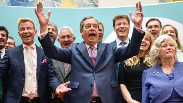 Nigel Farage celebrating with newly-elected Brexit Party MEPS